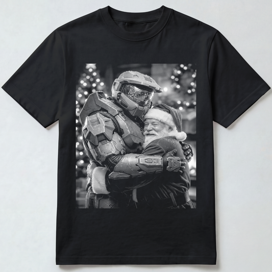 Santa Hugging Retro Space Soldier T-Shirt
